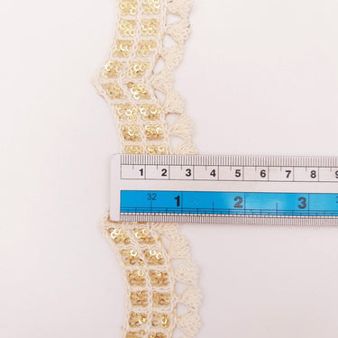 Nine Yards Off White Scallop Lace Trim Embroidered with Gold Sequins, Cutwork Trim, Scallops Wedding Trim